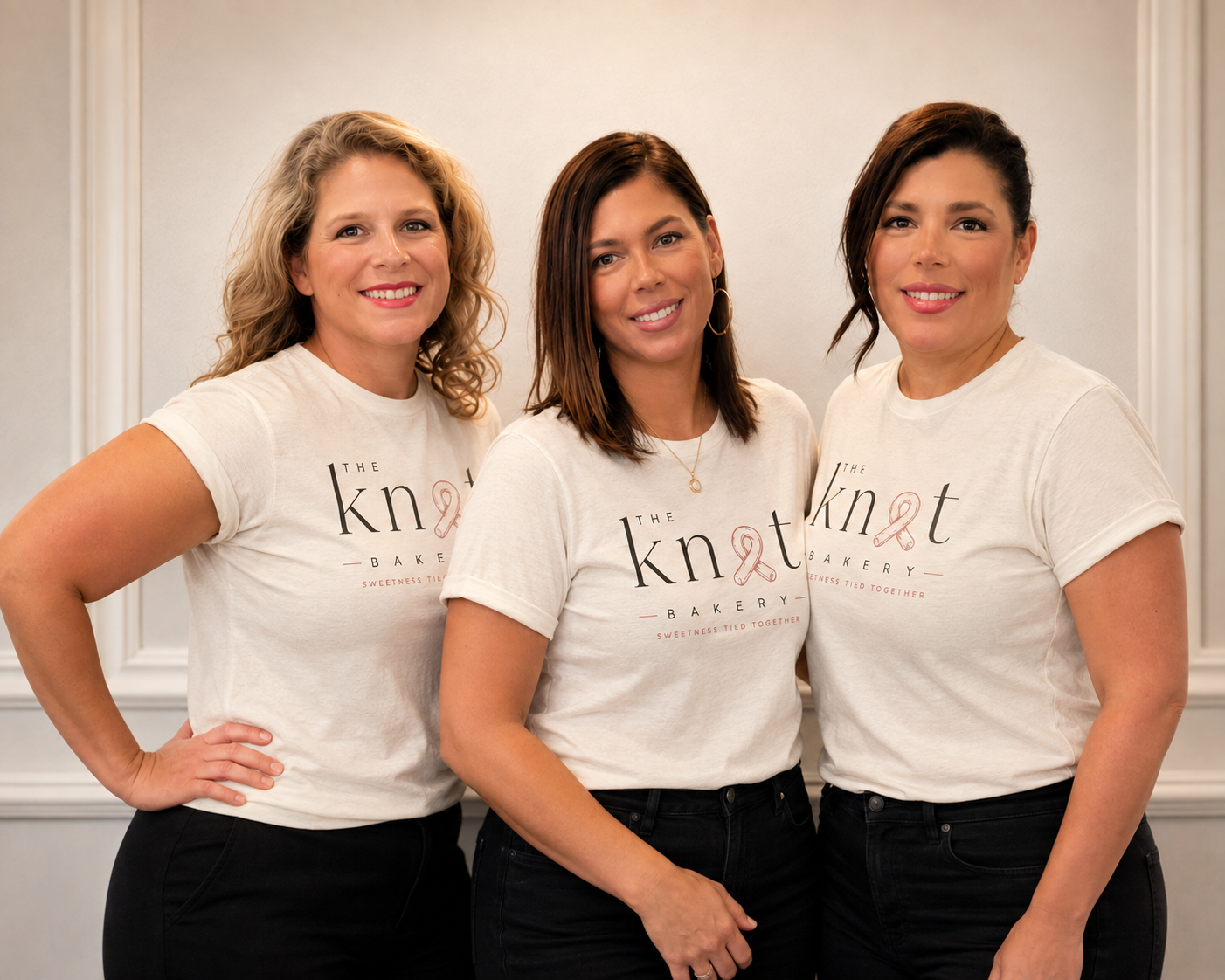 Three sisters wearing The Knot Bakery T-shirts